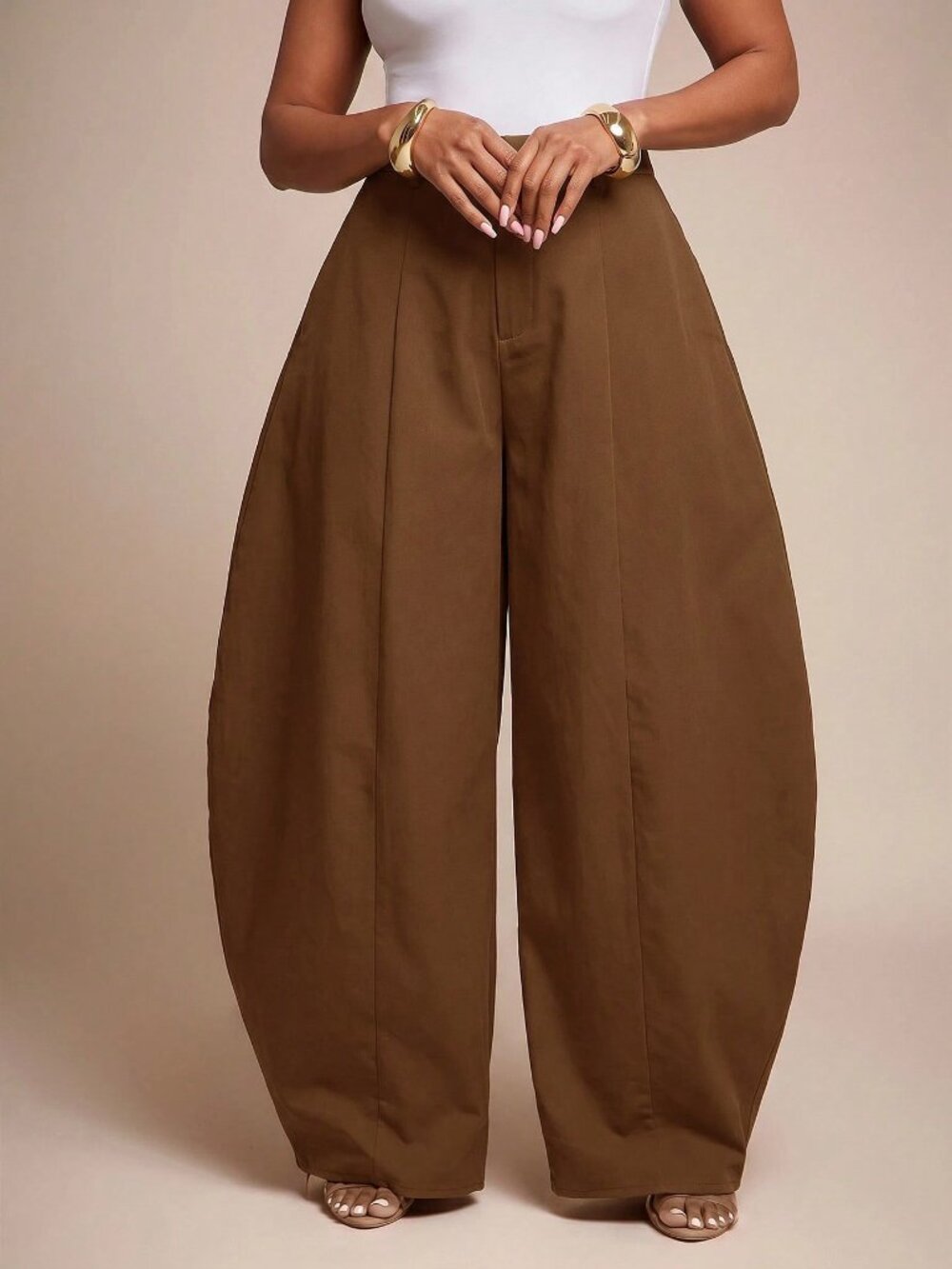 Coffee Brown Casual Women's Seam Detail High Waist Barrel Leg Pants